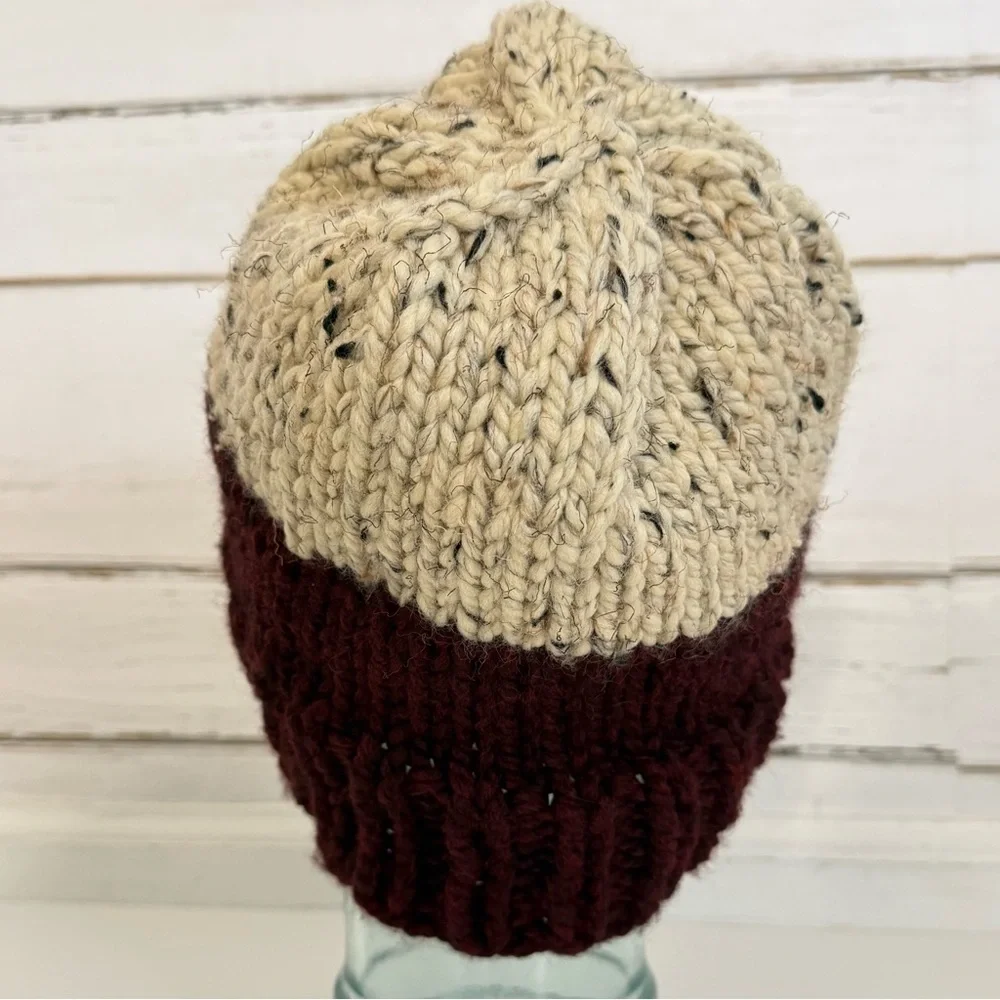 Handmade Two-Tone Knit Beanie – Burgundy & Cream